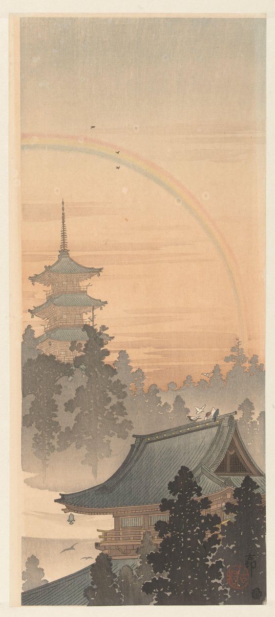Pagoda e arco-íris de Ohara Koson