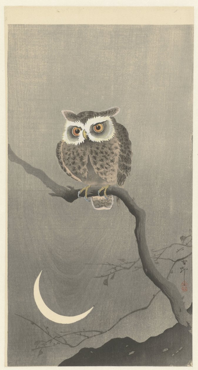Coruja de celeiro no galho de árvore nua de Ohara Koson