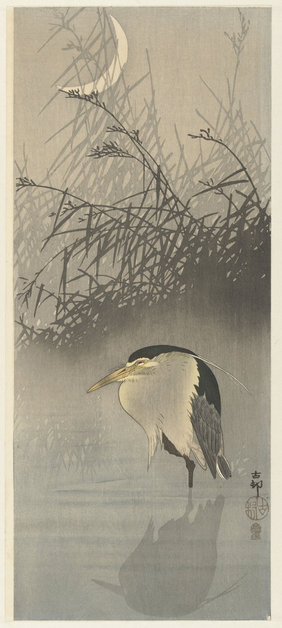 Garça na lua nova de Ohara Koson