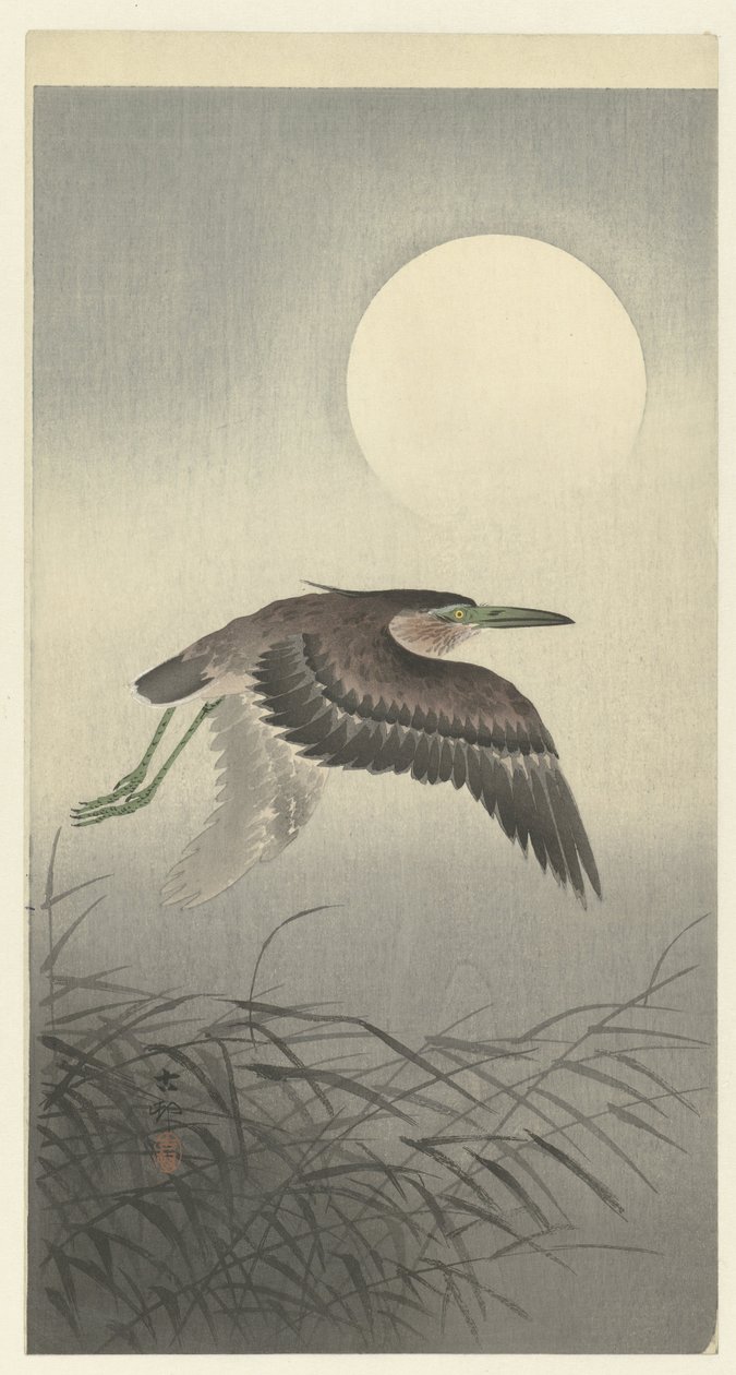 Garça na lua cheia de Ohara Koson