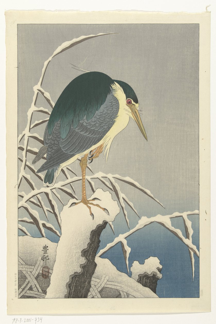 Garça na neve de Ohara Koson