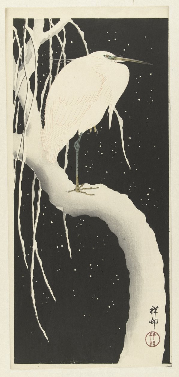 Garça na neve de Ohara Koson