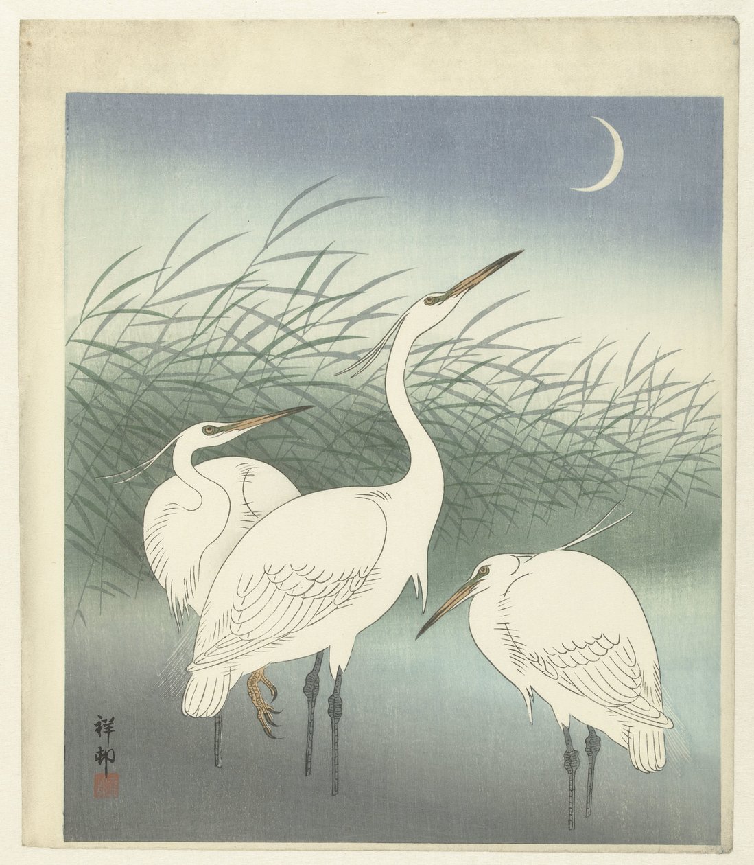 Garças em águas pouco profundas de Ohara Koson
