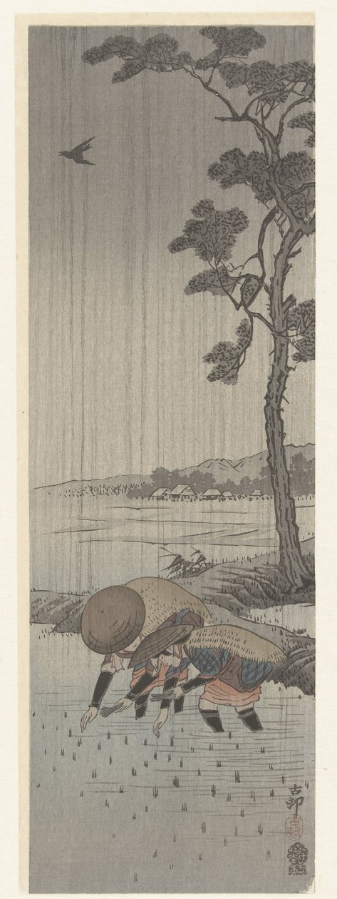Plantadores de arroz à chuva de Ohara Koson