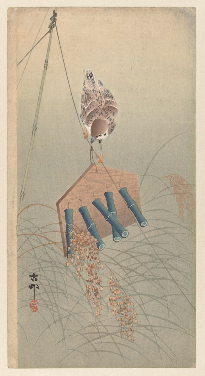 Pardal com anéis no espantalho de Ohara Koson