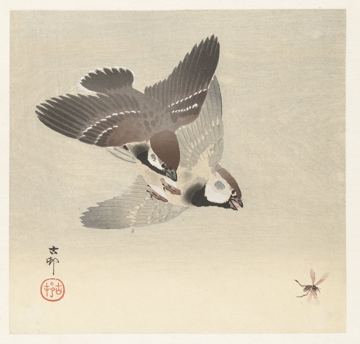 Pardais e insectos com anéis de Ohara Koson