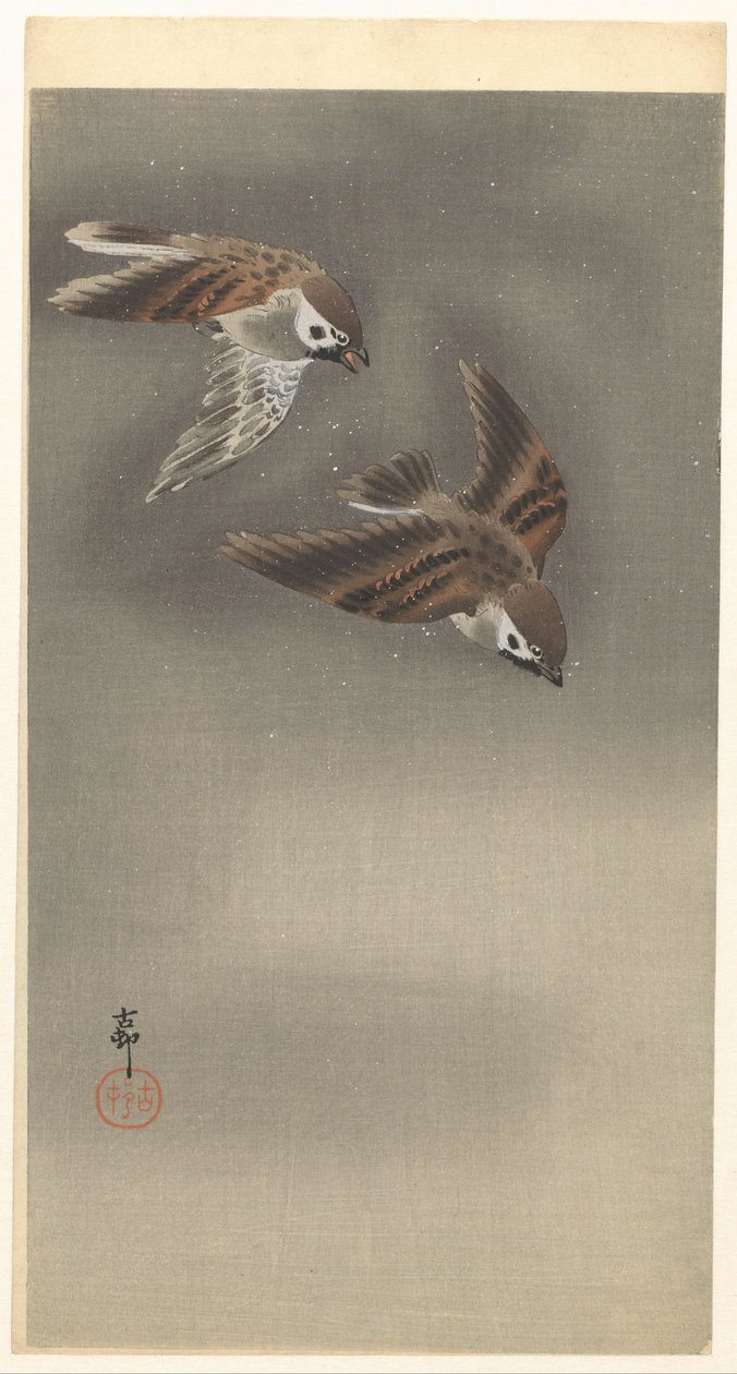 Pardais com anéis na neve de Ohara Koson