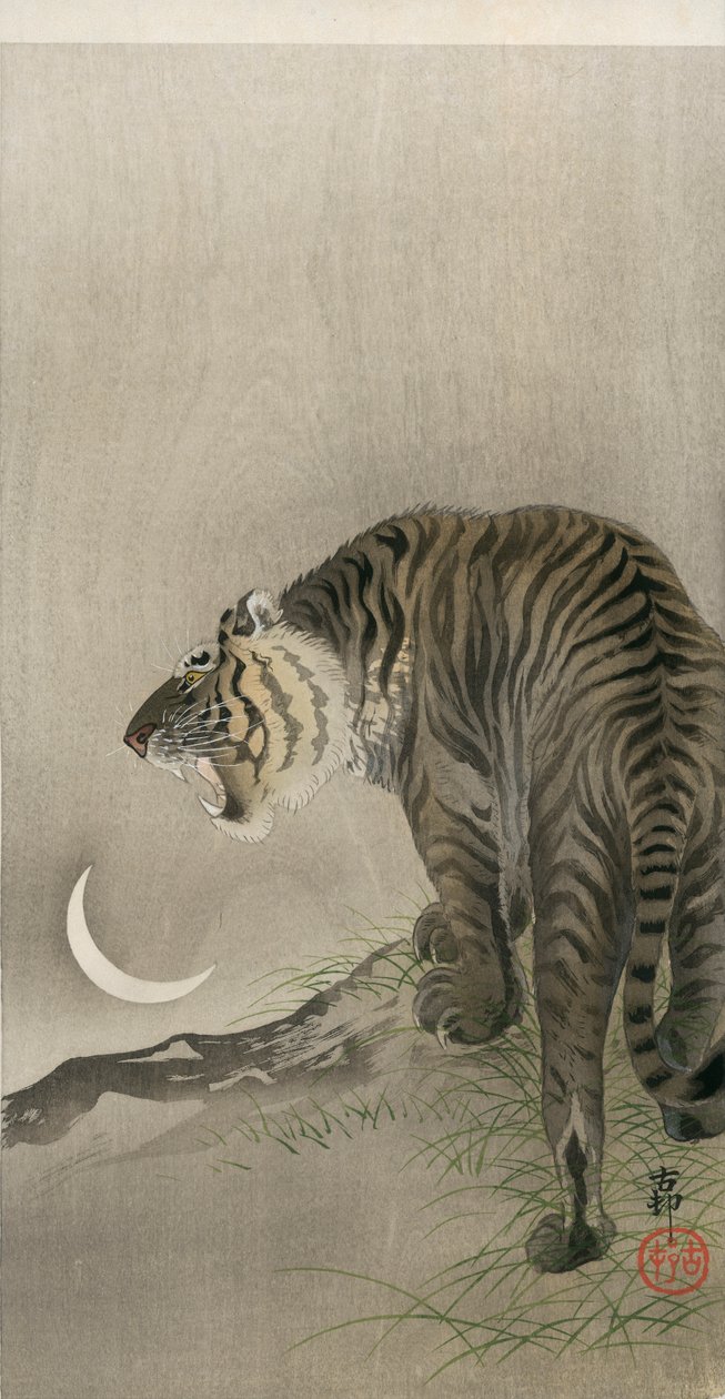 Tigre rugido e lua crescente de Ohara Koson