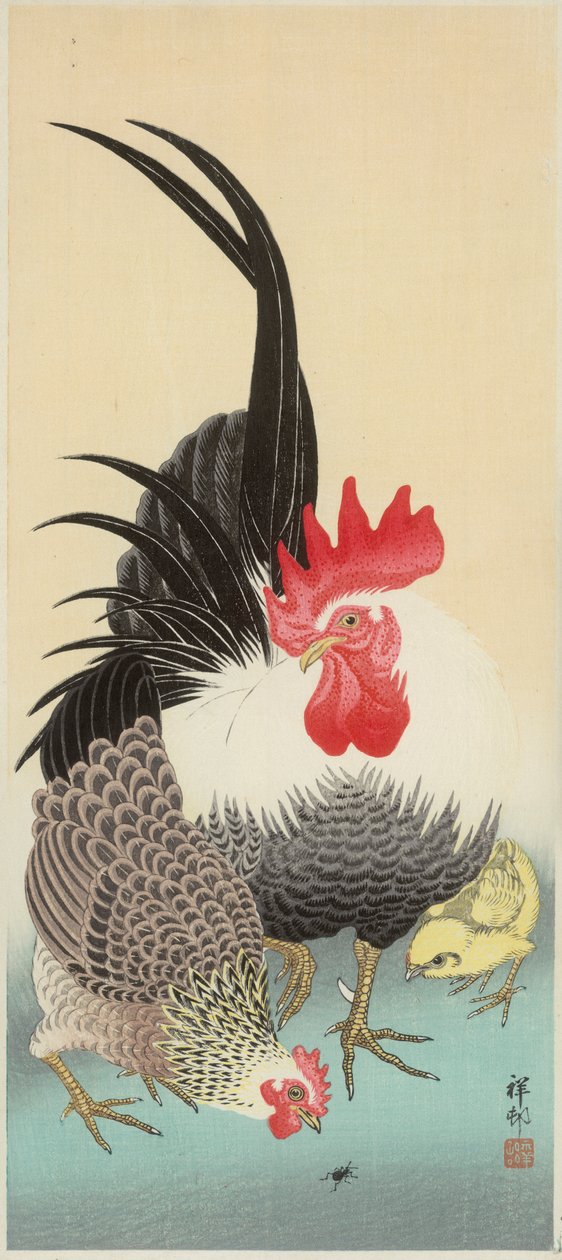 Galo, galinha e pintainho com formiga (impressão em bloco de madeira colorida) de Ohara Koson