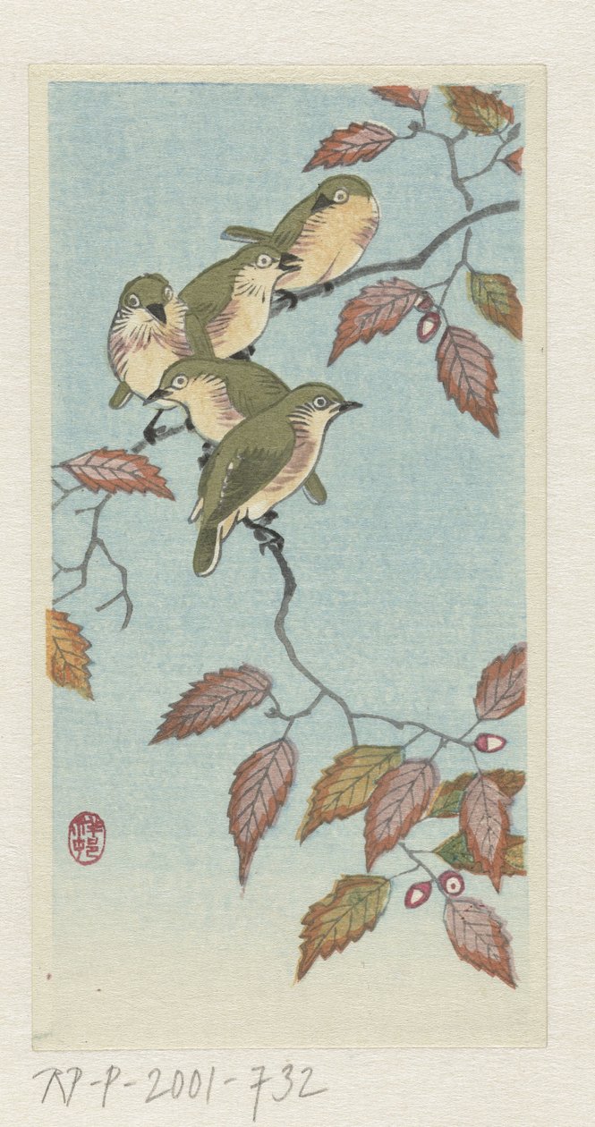 Pássaros pequenos num galho de Ohara Koson