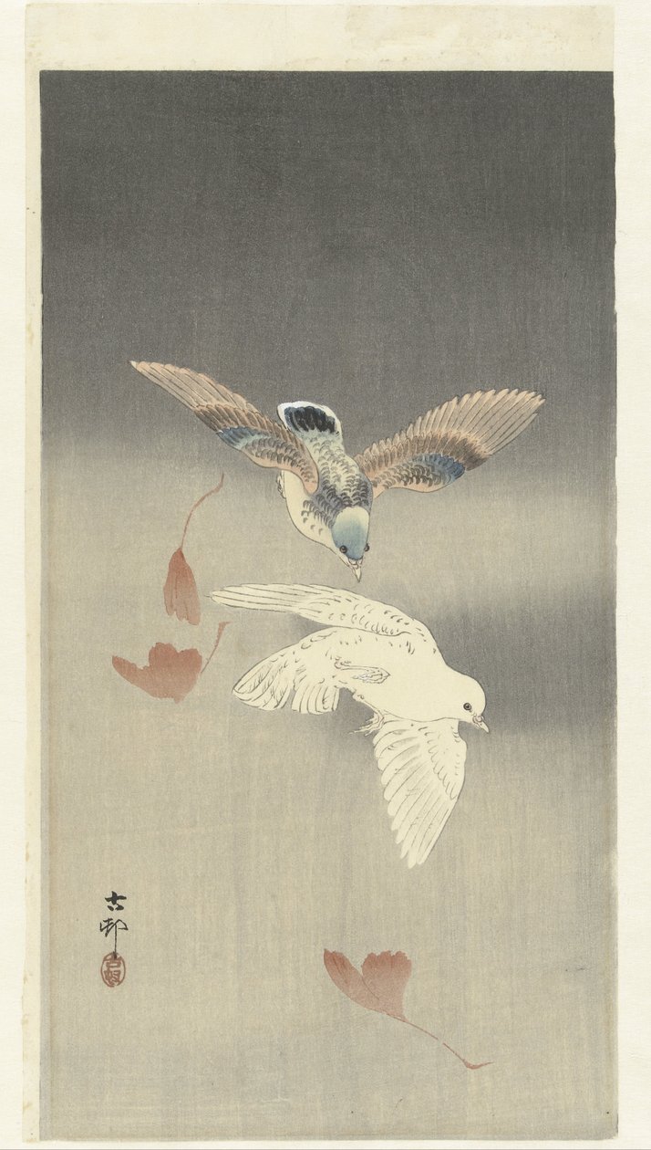 Dois pombos quase a cair folhas de ginkgo de Ohara Koson