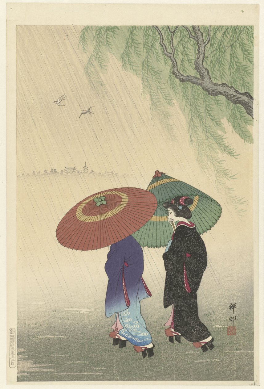 Duas mulheres na chuva de Ohara Koson