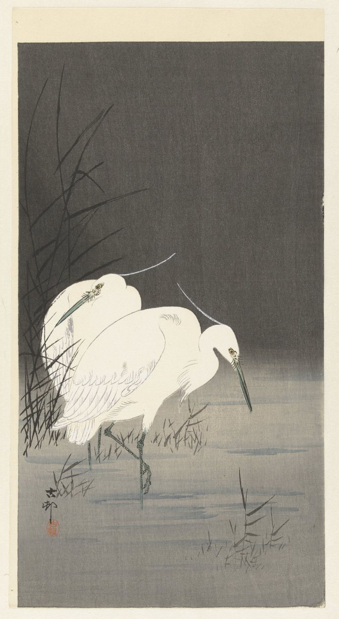Duas garças nos juncos de Ohara Koson