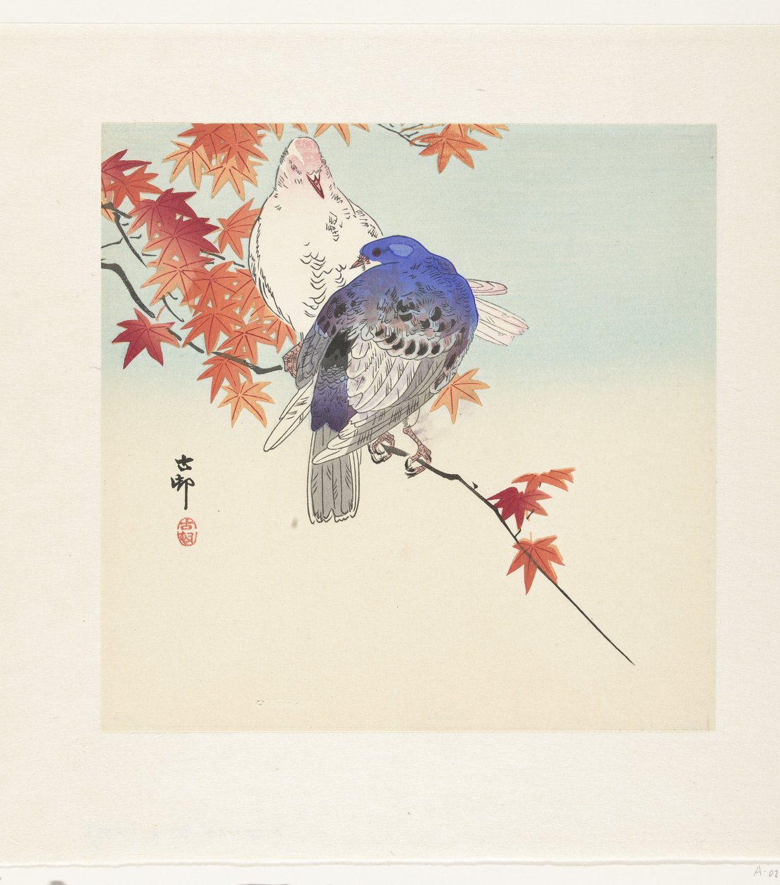 Dois pombos num ramo com folhas de outono de Ohara Koson