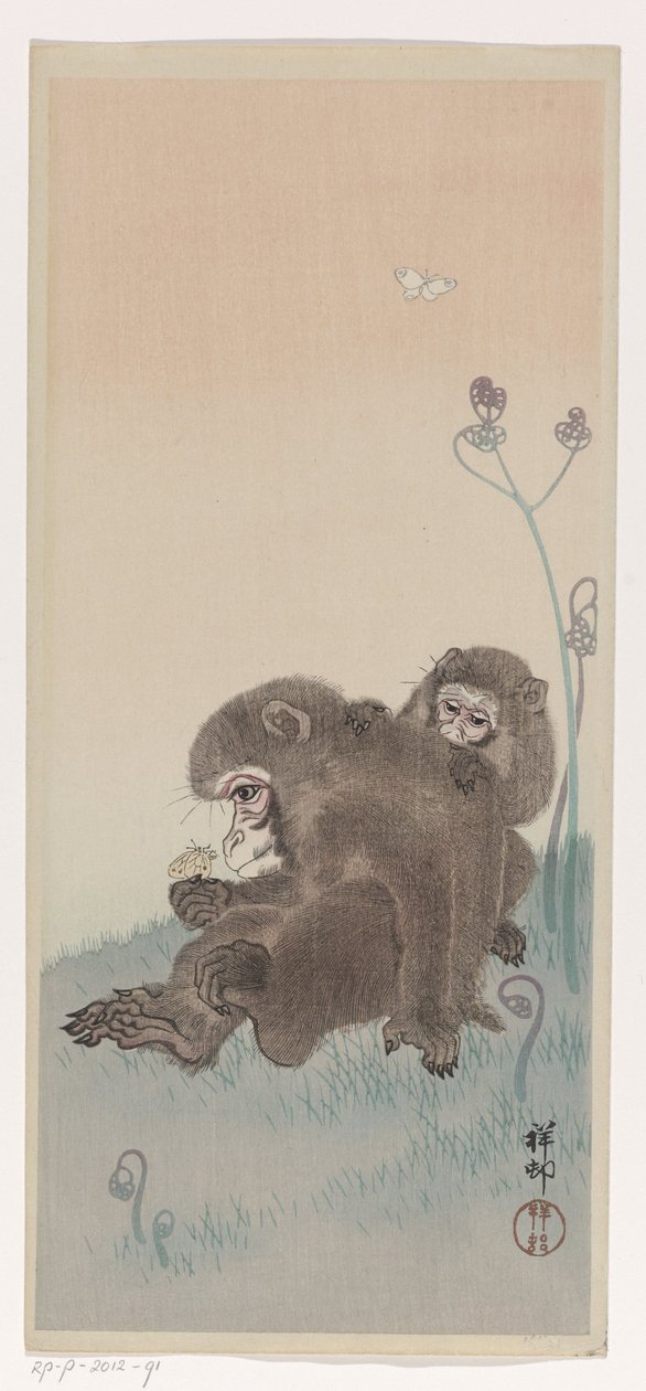 Dois macacos com uma borboleta, c.1900-45 (xilogravura a cores) de Ohara Koson