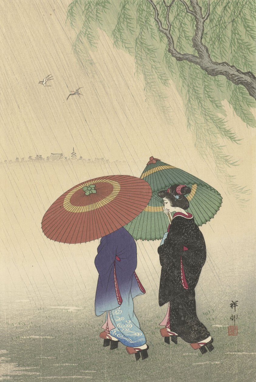 Duas mulheres na chuva, 1925-36 (cor xilogravura) de Ohara Koson