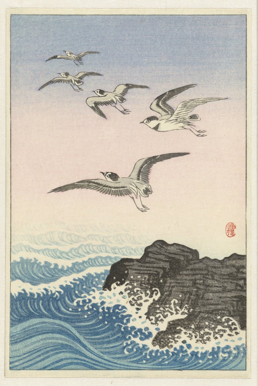 Cinco gaivotas sobre rochas no mar de Ohara Koson
