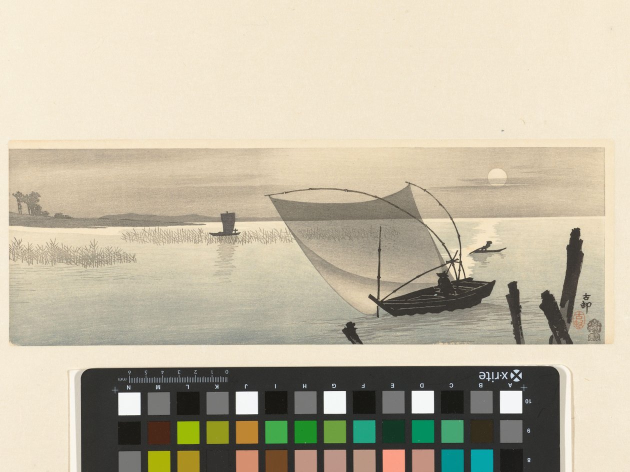 Barcos de pesca na lua cheia de Ohara Koson
