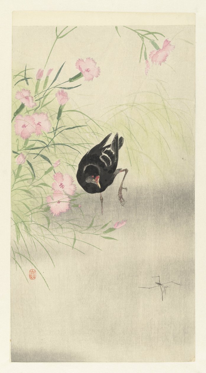Moorhen na planta florida de Ohara Koson