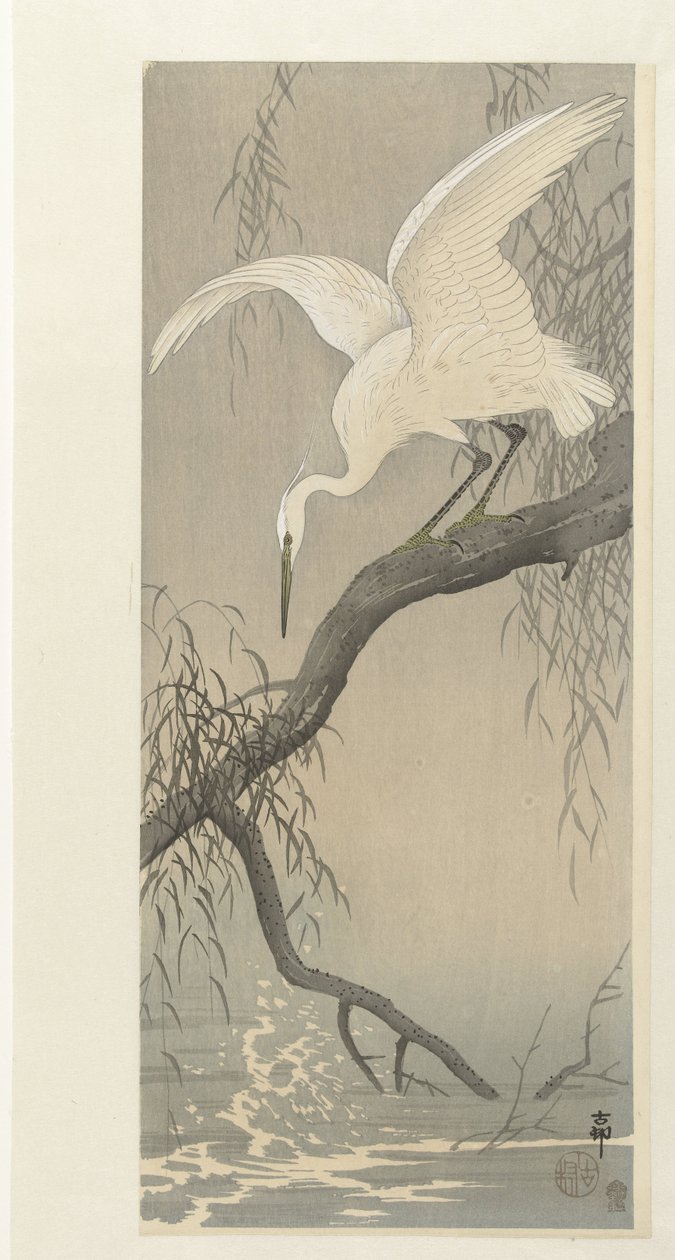 Garça branca sobre ramo de árvore de Ohara Koson