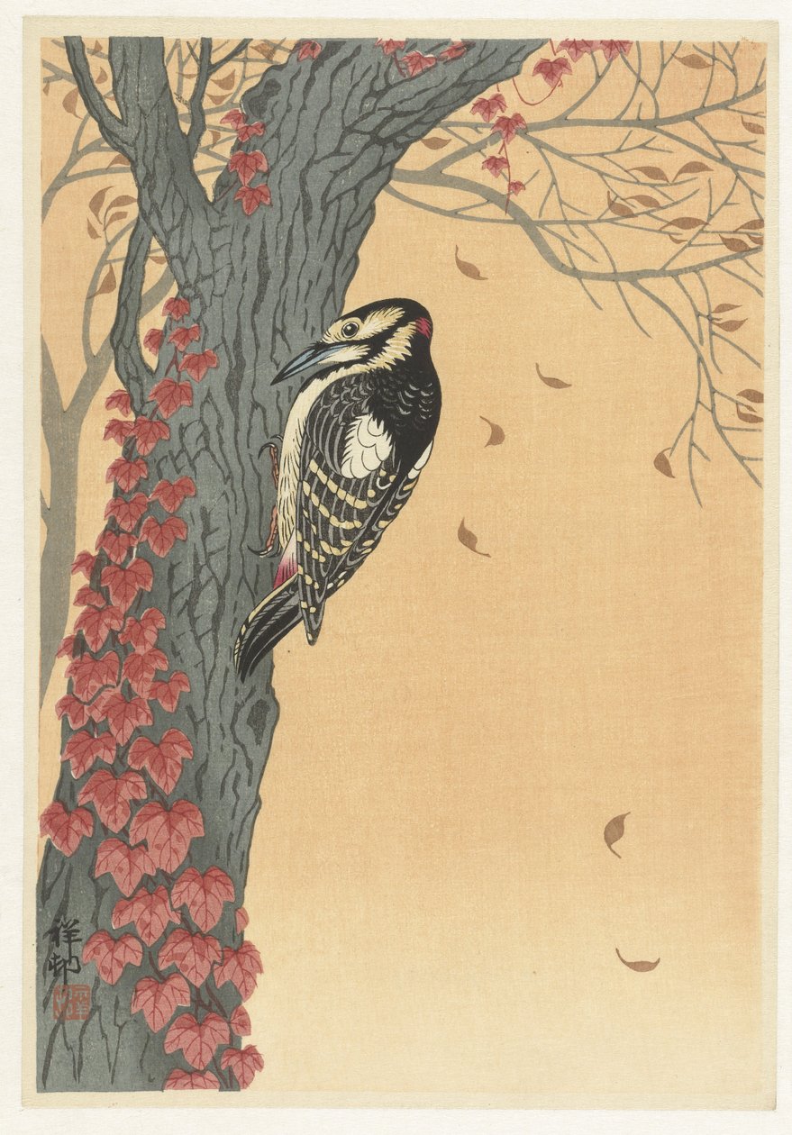 Pica-pau numa árvore com hera vermelha de Ohara Koson
