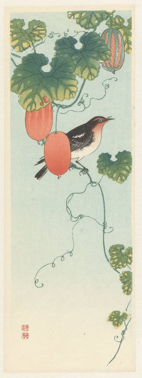 Pássaro da canção em planta de pepino de Ohara Koson