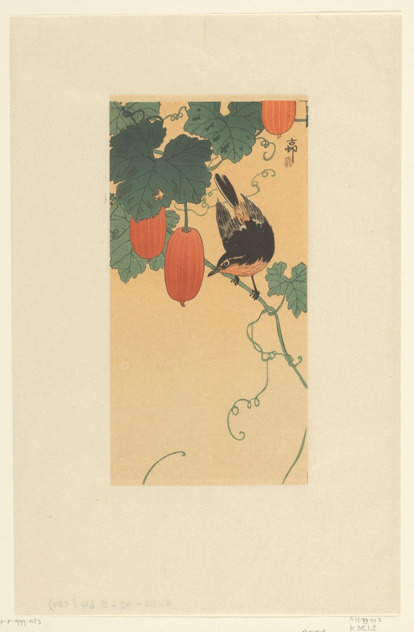 Pássaro da canção sobre planta com frutos vermelhos de Ohara Koson