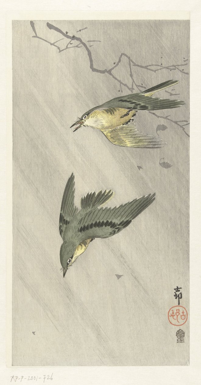Aves canoras na chuva de Ohara Koson