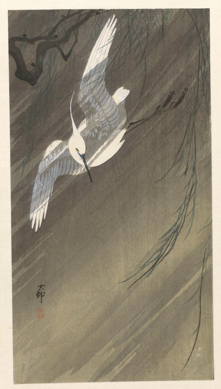 Egret em tempestade de Ohara Koson