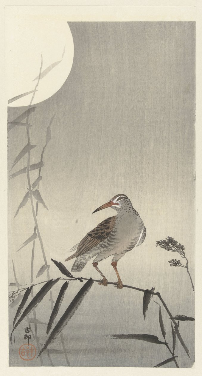 Cavaleiro negro em ramo de bambu de Ohara Koson