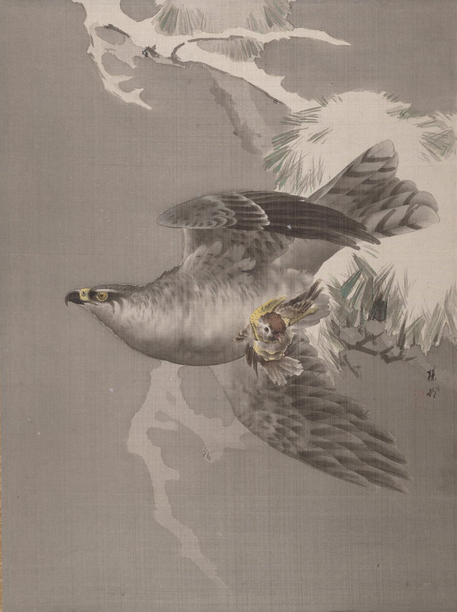 Falcão segurando um pequeno pássaro, ca. 1891-92. de Okada Baison