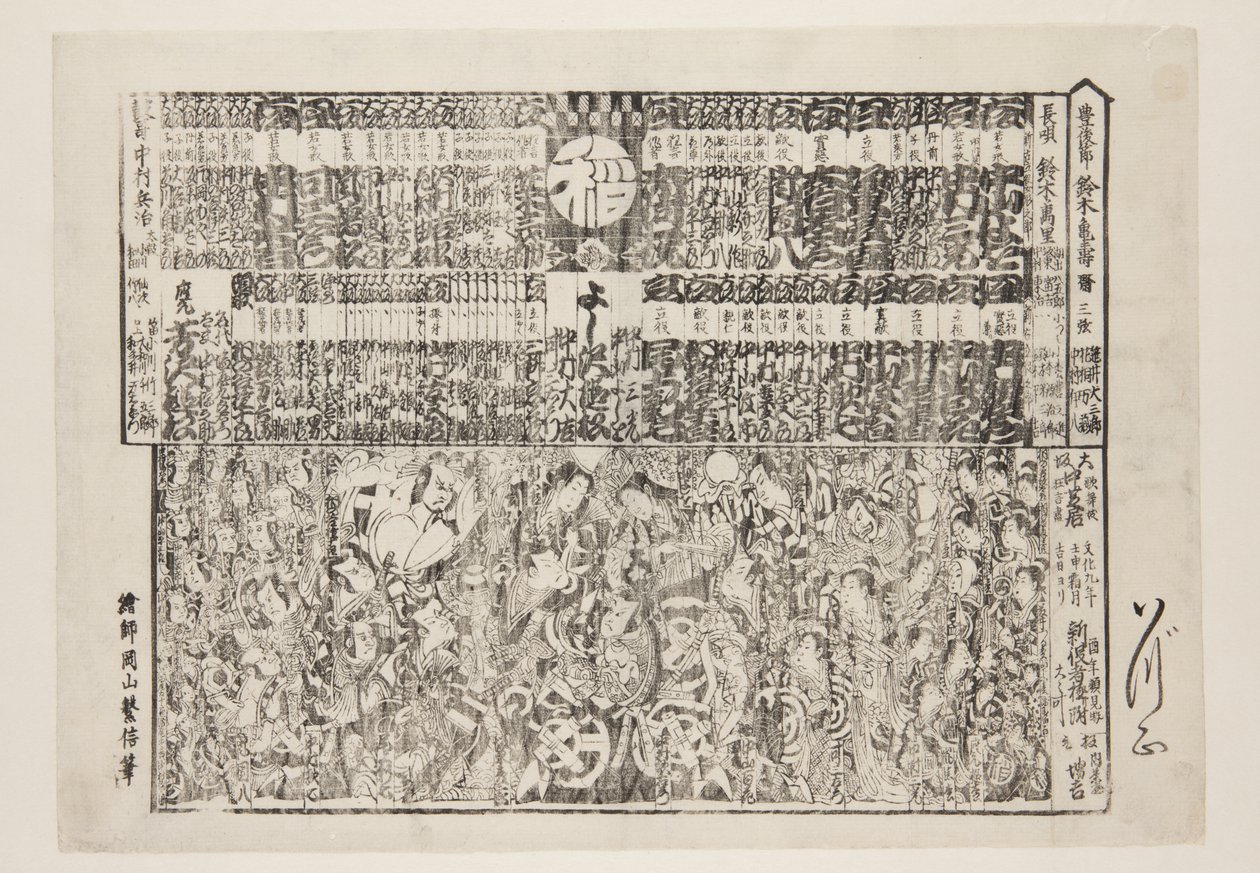 Playbill for Season-opening Programme (Kaomise banzuke) (impressão a cores de bloco de madeira) de Okayama Shigenobu