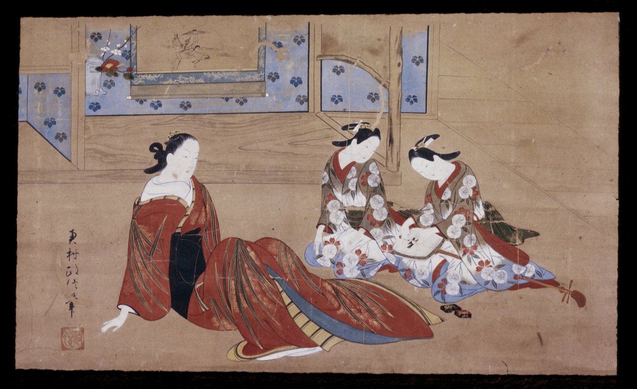 Nikuhitsu ukiyo-e: Cortesã e Dois Assistentes, c. 1735 (tinta, cor e papel no papel) de Okumura Masanobu