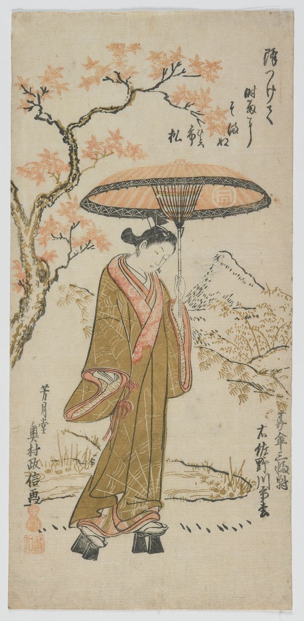 Tríptico de guarda-chuvas, à direita: Sanogawa Ichimatsu I, período Edo, meados dos anos 1740 de Okumura Toshinobu