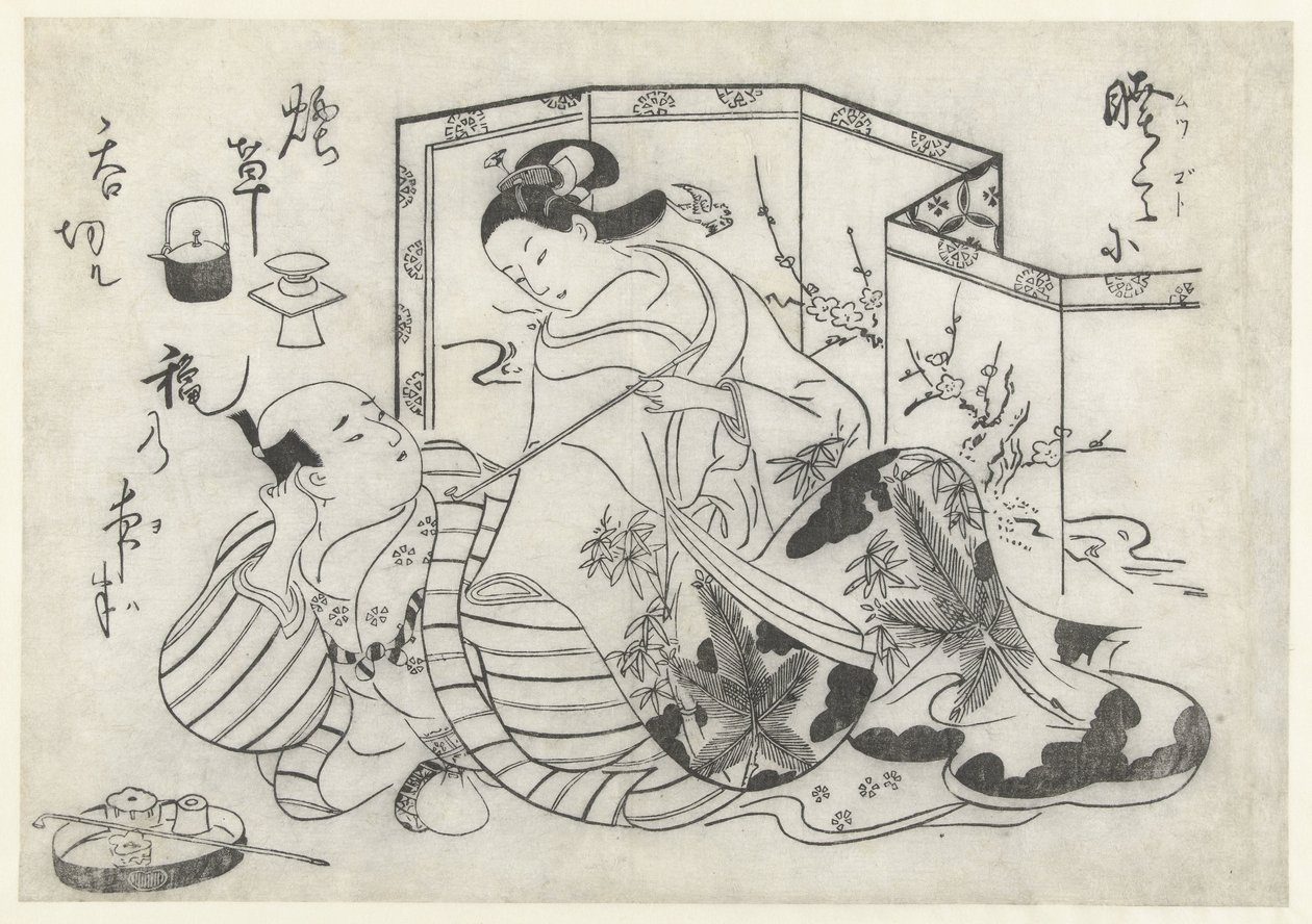 Japonês e mulher fumando na frente de uma tela dobrável de Okumura Masanobu (attributed to)