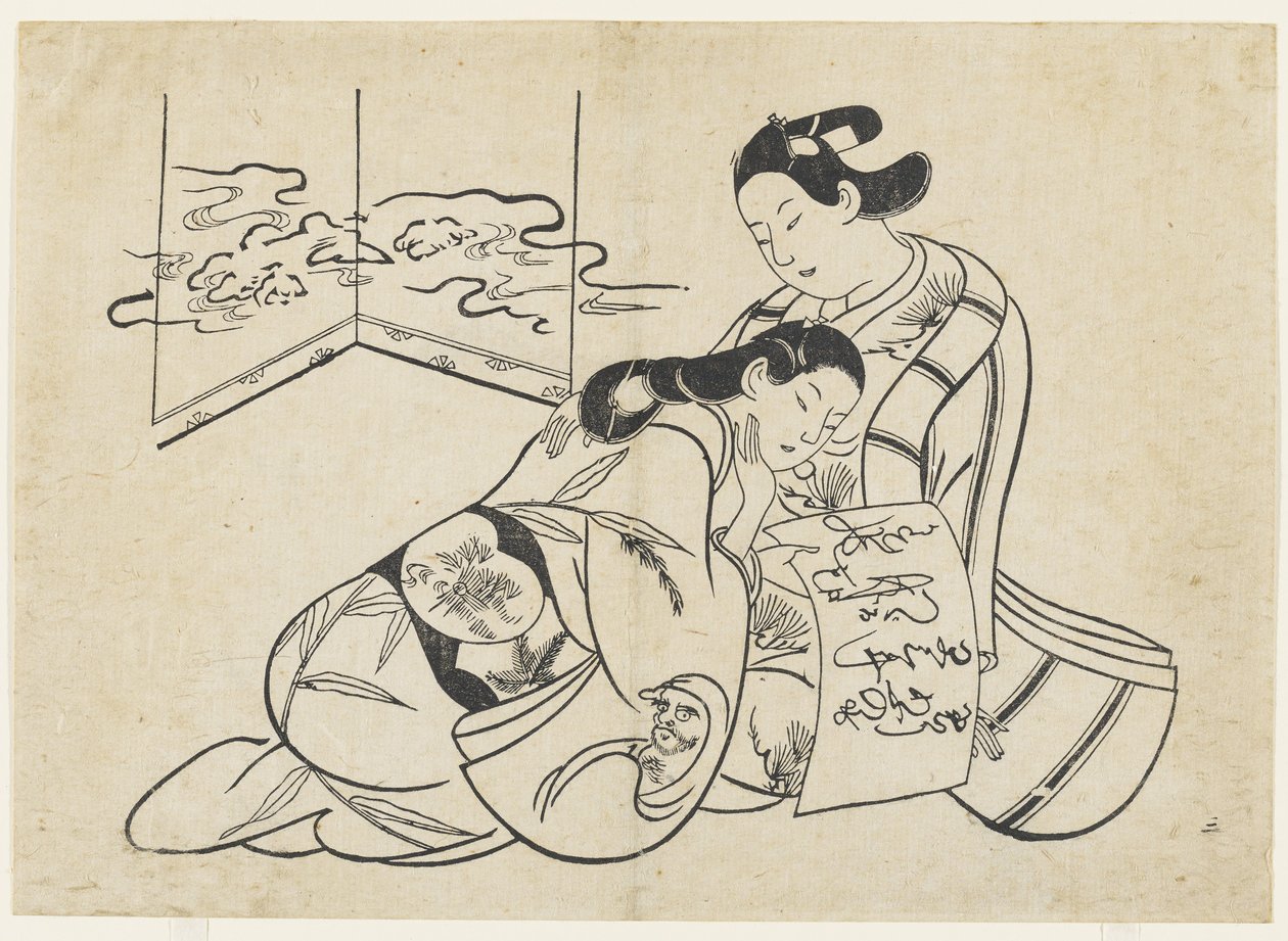 (Amantes como mitate de Daruma a atravessar o rio Yangtzé numa cana) de Okumura Masanobu