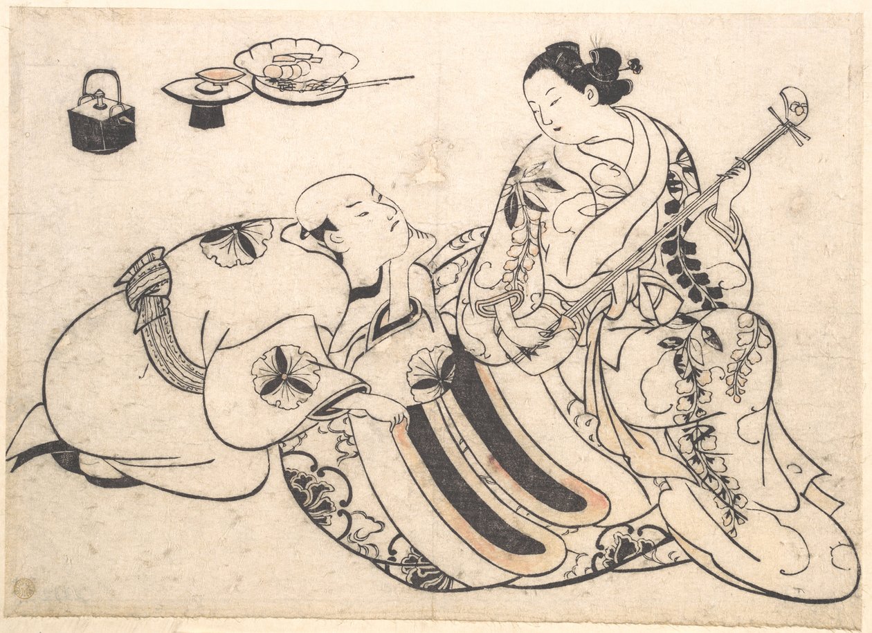 Um homem ajoelhado, inclinado para a frente e a ouvir uma oiran que toca shamisen de Okumura Masanobu