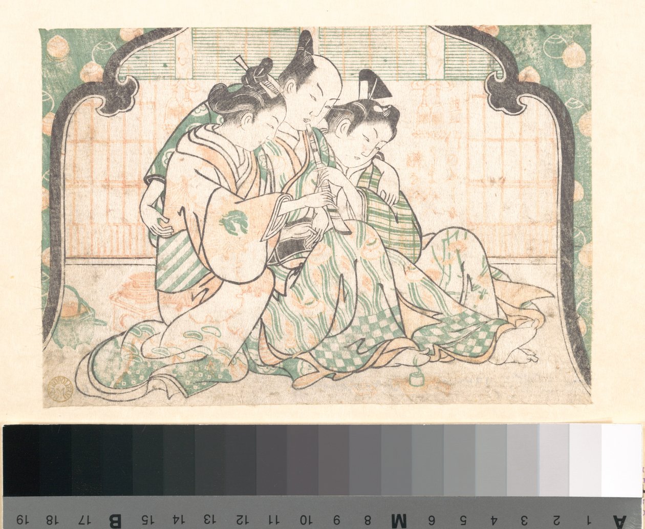Um jovem sentado entre duas mulheres de Okumura Masanobu