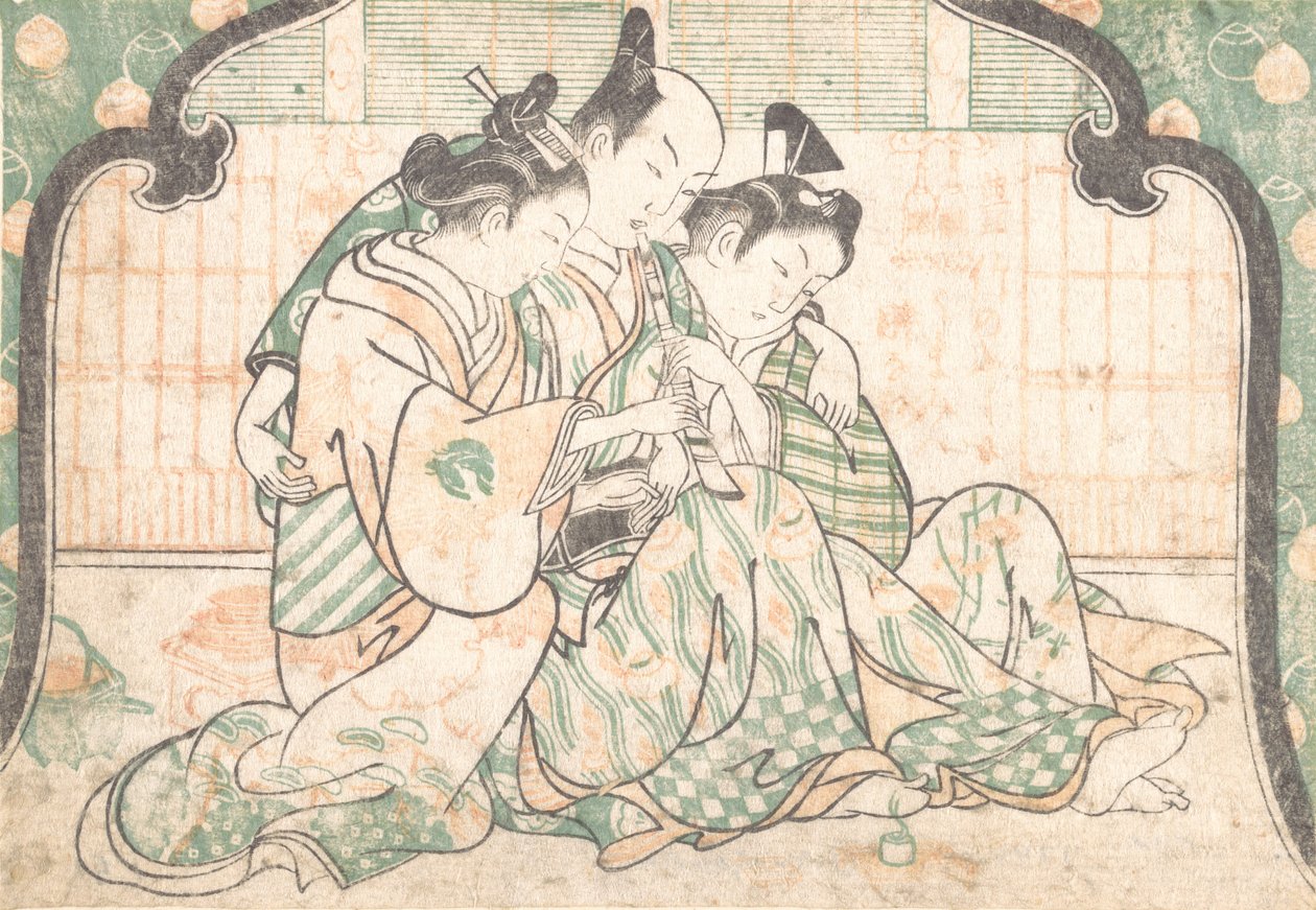 Um jovem sentado entre duas mulheres, c. 1749., c. 1749. de Okumura Masanobu