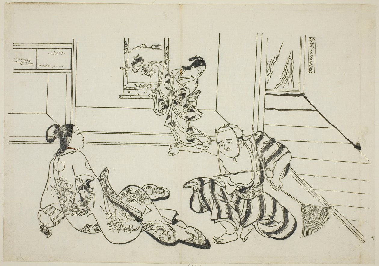 Atendente Infantil e Tengu Careca do Monte Kurama (Kaburo Kurama Tengu), no. 7 de uma série de 12 gravuras que retratam paródias de peças de Okumura Masanobu