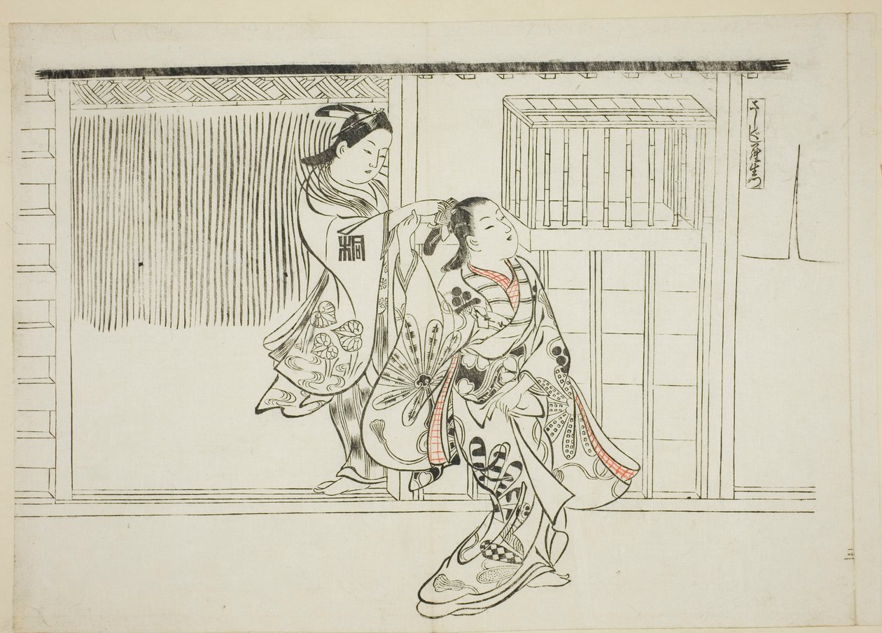 Pente Rashomon (Sashigushi Rashomon), no. 3 de uma série de 12 gravuras que representam paródias de peças de teatro de Okumura Masanobu