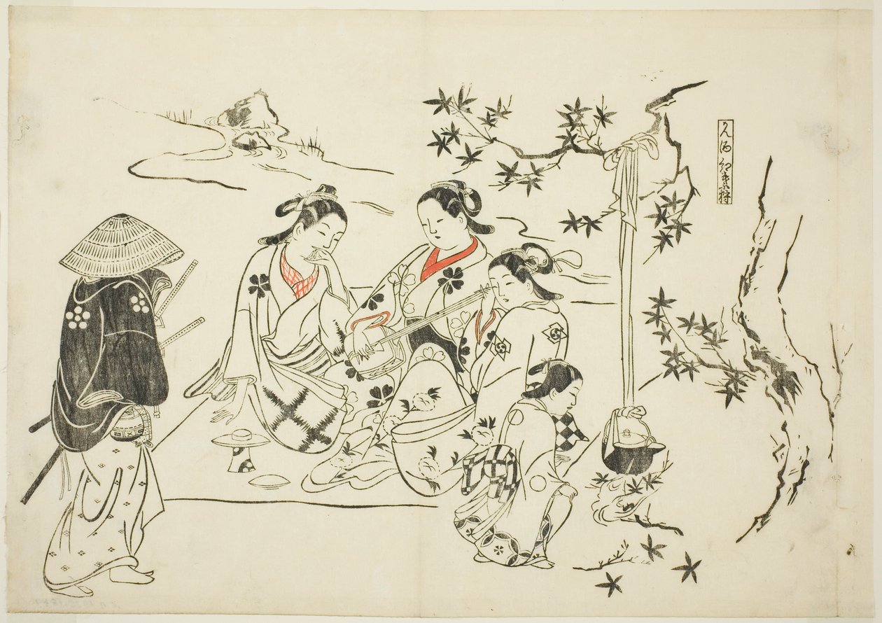 Aquecimento de saqué com folhas de ácer (Kanzake momijigari), n.º 9 de uma série de 12 gravuras que representam paródias de peças de teatro de Okumura Masanobu