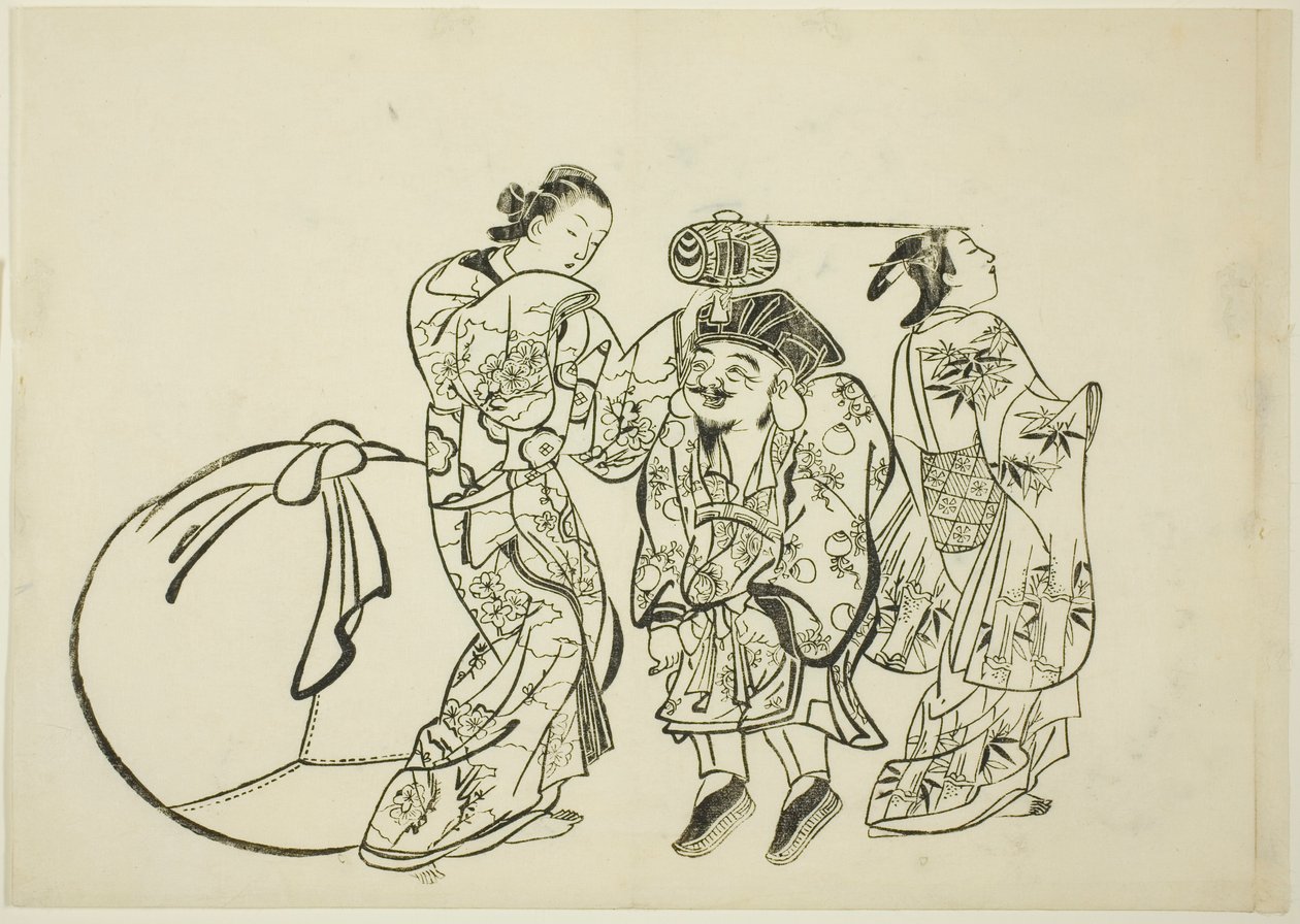 Medindo a altura de Daikoku, no. 5 de uma série de 12 gravuras de Okumura Masanobu