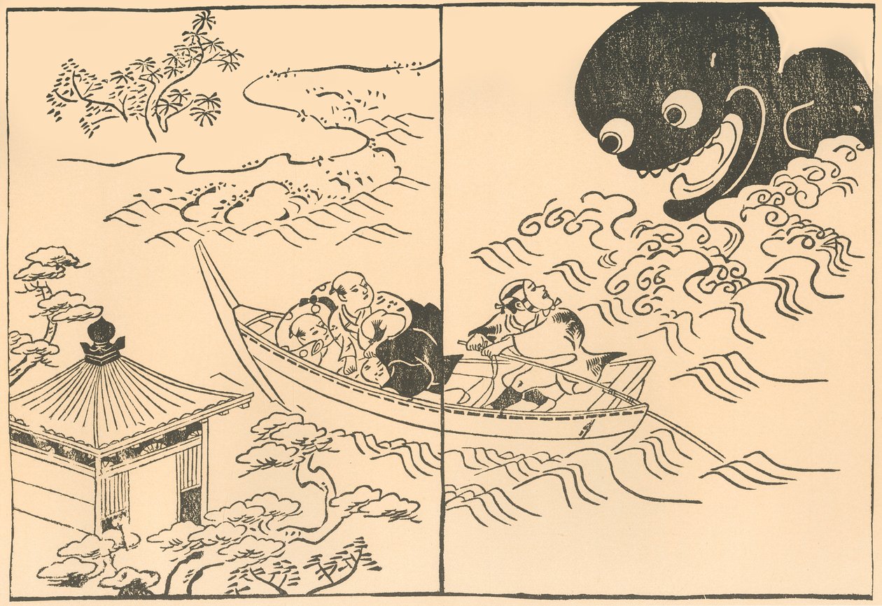 Homens em um barco ameaçado por um monstro marinho, no início do século XVIII, em 1924. de Okumura Masanobu
