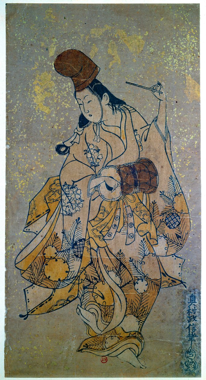 Músico. Mulher a tocar tambor. Impressão japonesa de Okumura Masanobu (1686-1764) de Okumura Masanobu
