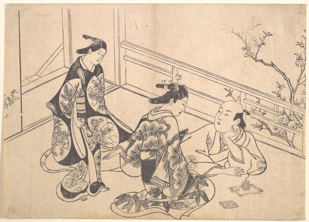 O ator Ichimura Takenojo reclinado numa varanda de Okumura Masanobu