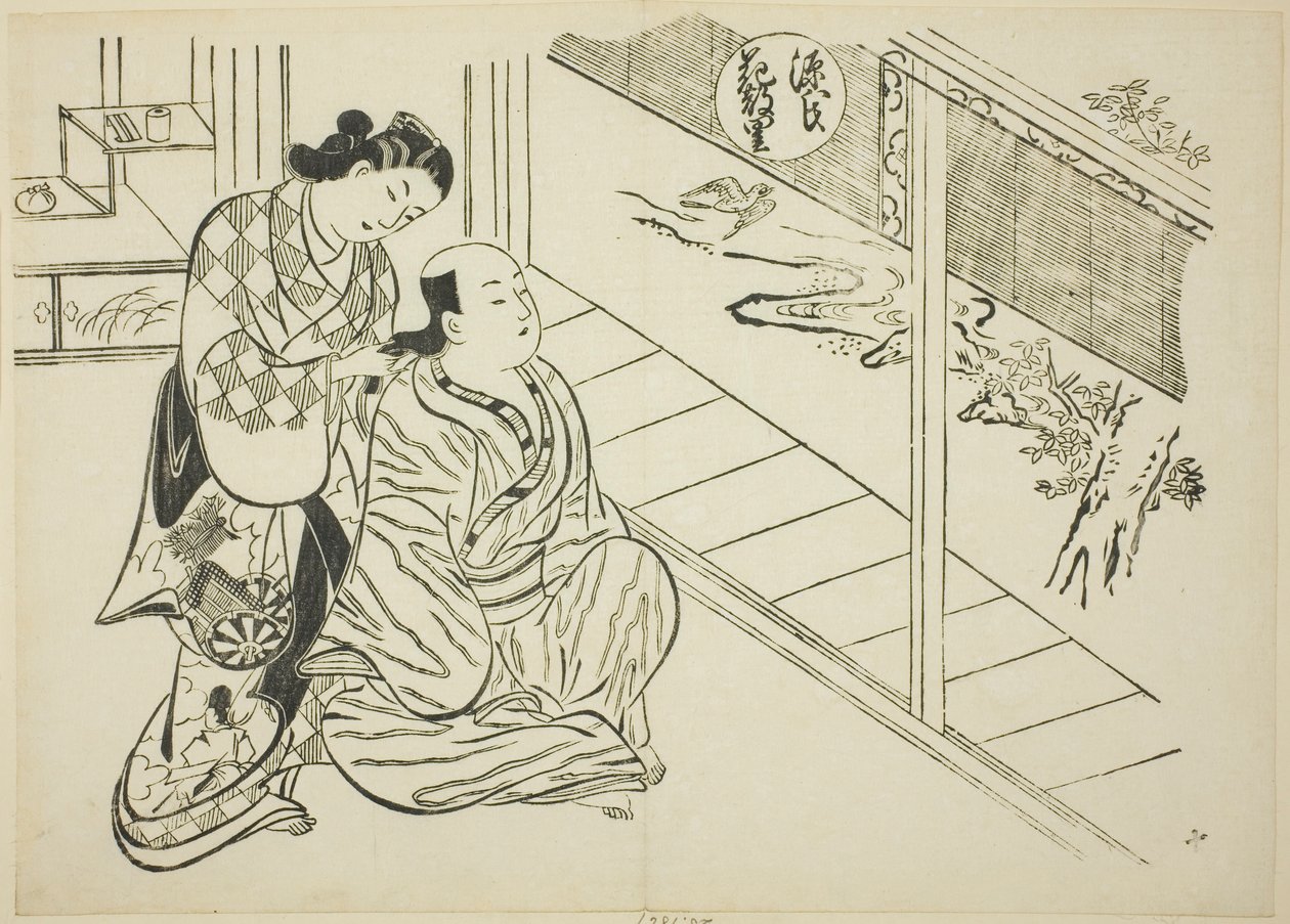 O capítulo Hanachirusato de "The Tale of Genji" (Genji Hanachirusato), de uma série de paródias de Genji de Okumura Masanobu