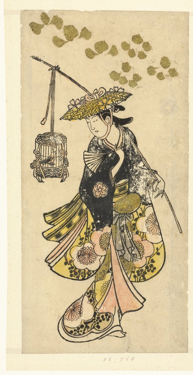 Mulher jovem com gaiola de pássaros de Okumura Toshinobu (attributed to)