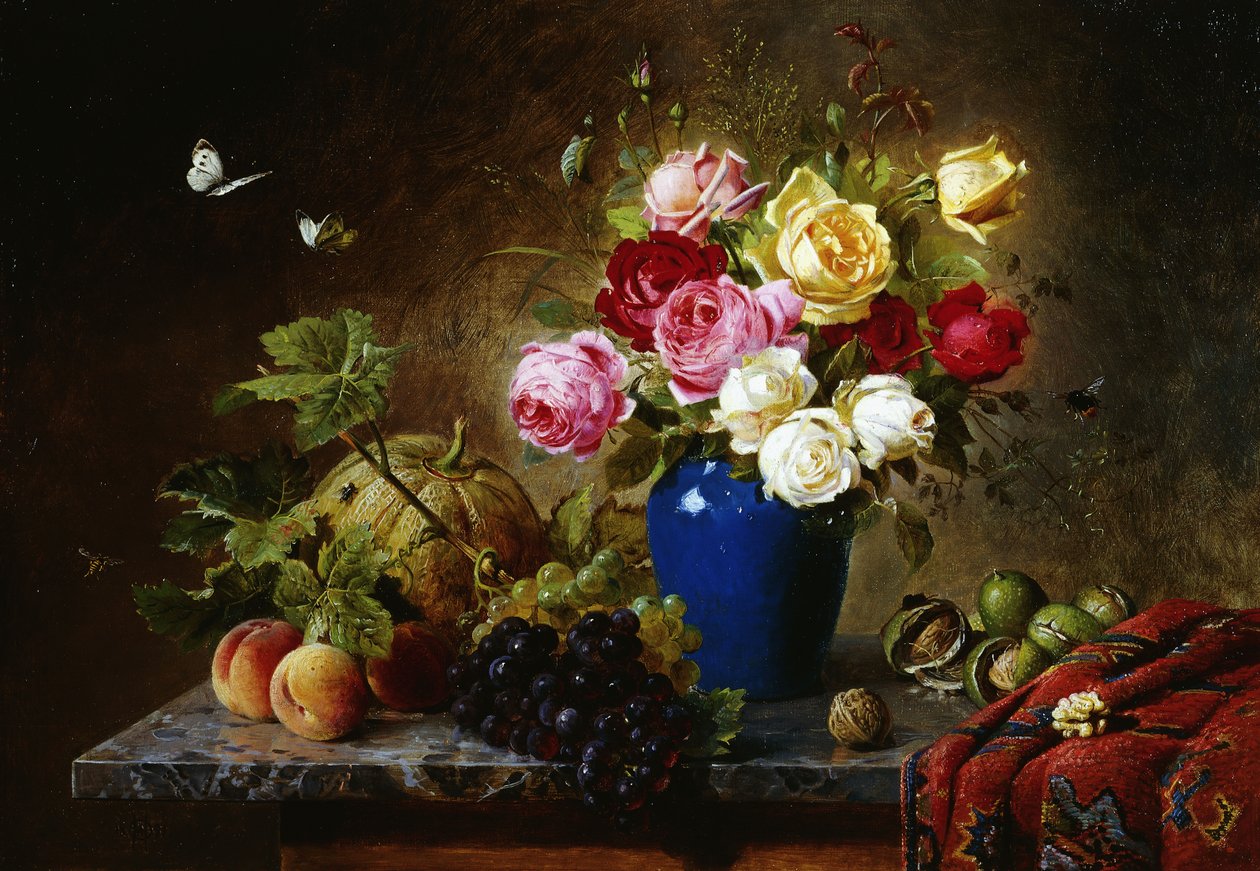 Rosas em um vaso, pêssegos, nozes e um melão em uma borda marmorizada, 1891 de Olaf August Hermansen