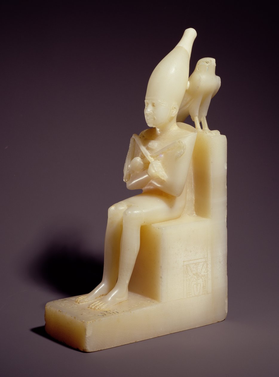Pequena estatueta sentada de Pepi I (2289-2255 aC) com Horus Falcon (alabastro) de Old Kingdom Egyptian